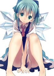 Rule 34 | 1girl, bad id, bad pixiv id, blue eyes, blue hair, bow, cirno, dress, hair bow, ice, ice wings, looking at viewer, matching hair/eyes, opopowa, short hair, simple background, sitting, solo, touhou, white background, wings