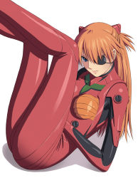 Rule 34 | 10s, 1girl, arm support, ass, bad id, bad pixiv id, bandages, blue eyes, bodysuit, breasts, closed mouth, evangelion: 3.0 you can (not) redo, eyepatch, folded, from side, hair between eyes, hair ornament, headgear, leaning back, legs up, light smile, lips, long hair, looking at viewer, lying, neon genesis evangelion, orange hair, parted bangs, pilot suit, plugsuit, rebuild of evangelion, reclining, shadow, simple background, smile, solo, souryuu asuka langley, tape, turtleneck, two side up, watanabe yasuaki, white background
