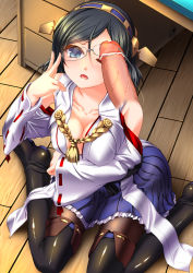 Rule 34 | 10s, 1girl, adjusting eyewear, akatsuki shimeji, bar censor, bare shoulders, black hair, blue eyes, blush, boots, breasts, censored, d:, detached sleeves, glasses, hairband, hetero, highres, japanese clothes, kantai collection, kirishima (kancolle), open mouth, pantyhose, penis, penis on face, penis over one eye, personification, short hair, sitting, skirt, solo focus, thigh boots, thighhighs, thighhighs over pantyhose, wariza, wince