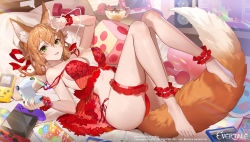 Rule 34 | 1girl, 2022, animal ears, ankle garter, artist name, babydoll, blonde hair, breasts, bridal garter, company name, controller, copyright notice, evertale, fox ears, fox girl, fox tail, game controller, green eyes, hair between eyes, highres, holding, holding controller, holding game controller, large breasts, legs up, lingerie, looking at viewer, lying, nightgown, official art, on back, on bed, open mouth, panties, red babydoll, red nightgown, red panties, short hair, side-tie panties, solo, tail, teffish, underwear