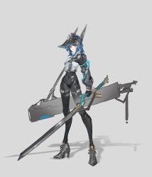 Rule 34 | 1215712693, 1girl, absurdres, asymmetrical clothes, black bodysuit, black gloves, blue hair, bodysuit, boots, covered navel, crop top, full body, gloves, grey background, high heel boots, high heels, highres, holding, holding sword, holding weapon, looking at viewer, mecha musume, original, red eyes, sheath, shiny clothes, single sleeve, skindentation, solo, standing, sword, weapon