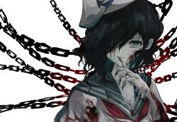 Rule 34 | 1girl, black hair, blood, blood on clothes, blood on face, blood on hands, chain, fingernails, green eyes, green nails, green sailor collar, hair over one eye, highres, long fingernails, long hair, looking at viewer, murasa minamitsu, nail polish, neckerchief, red neckerchief, remyaruku65, sailor collar, sailor shirt, sharp fingernails, shirt, simple background, solo, touhou, upper body, white background, white shirt