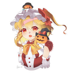 Rule 34 | 1girl, absurdres, ascot, blonde hair, fang, flandre scarlet, hat, hat ribbon, highres, jack-o&#039;-lantern, medium hair, open mouth, penguin72, red eyes, red ribbon, ribbon, side ponytail, simple background, solo, touhou, upper body, white background, witch hat, yellow ascot