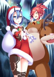 Rule 34 | 2girls, animal costume, azanami (pso2), bell, blush, breasts, cameltoe, chestnut mouth, christmas, cowboy shot, full-body tattoo, fur trim, hair between eyes, hat, heterochromia, highres, horns, io (pso2), looking up, multiple girls, open mouth, panties, phantasy star, phantasy star online 2, pink panties, red hair, reindeer costume, sack, santa costume, santa hat, short hair, snowing, sukage, tattoo, underwear, yellow eyes