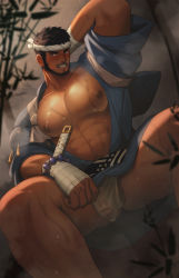 Rule 34 | 1boy, abs, absurdres, arm behind head, bandages, bara, bare pectorals, bulge, f jun, facial hair, feet out of frame, fundoshi, goatee, hachimaki, headband, highres, japanese clothes, large pectorals, male focus, male underwear, manly, muscular, navel, nipples, original, pectorals, see-through, short hair, sideburns, sitting, solo, thick thighs, thighs, underwear, wet, wet clothes, wet fundoshi, wet male underwear, white male underwear