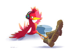 Rule 34 | 1girl, adjusting headphones, artist name, banjo-kazooie, beak, bird girl, bird tail, boots, brown footwear, closed mouth, dated, eyelashes, female focus, full body, furry, furry female, green eyes, half-closed eye, hand up, headphones, highres, kazooie (banjo-kazooie), crossed legs, logo, looking to the side, one eye closed, rareware, sat-v12, signature, simple background, sitting, solo, tail, white background