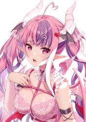 Rule 34 | 1girl, arm strap, artist name, breast strap, breasts, cleavage, commentary, demon girl, demon horns, demon tail, demon wings, detached collar, hair ornament, heart, heart hair ornament, highres, horns, ironmouse, long pointy ears, medium breasts, multicolored hair, nail polish, pink eyes, pointy ears, purple hair, rosuuri, solo, streaked hair, symbol-only commentary, tail, twintails, virtual youtuber, vshojo, white background, wings