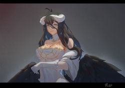 Rule 34 | 1girl, albedo (overlord), bare shoulders, black hair, black wings, breasts, cleavage, covered navel, demon girl, detached sleeves, gloves, gradient background, highres, horns, large breasts, letterboxed, lips, looking at viewer, overlord (maruyama), pale skin, ray (nagaseray), slit pupils, solo, wings, yellow eyes