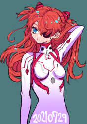 Rule 34 | 1girl, blue eyes, bodysuit, boyaking, breasts, brown hair, evangelion: 3.0+1.0 thrice upon a time, expressionless, eyepatch, hair ornament, hand in own hair, highres, lips, long hair, looking to the side, neon genesis evangelion, pilot suit, plugsuit, rebuild of evangelion, shiny clothes, skin tight, smile, solo, souryuu asuka langley, two side up, very long hair, white bodysuit, wide hips