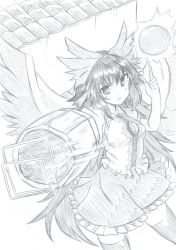 Rule 34 | 1girl, aiming, aiming at viewer, arm cannon, arm up, bird wings, blouse, blush, bow, breasts, buttons, cape, collar, collared shirt, control rod, cowboy shot, energy ball, frilled shirt, frilled skirt, frills, graphite (medium), greyscale, hair between eyes, hair bow, highres, long hair, looking at viewer, mahiro (akino-suisen), monochrome, open mouth, pointing, pointing up, powering up, puffy short sleeves, puffy sleeves, reiuji utsuho, shirt, short sleeves, skindentation, skirt, solo, subterranean animism, sun, thighhighs, third eye, touhou, traditional media, very long hair, weapon, wings