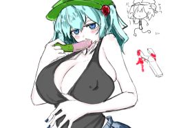 Rule 34 | 1girl, alternate breast size, alternate costume, artist request, black shirt, blood, blue eyes, blue hair, blue shorts, blush, braid, breasts, breasts apart, cap, condom, cucumber, exhibitionism, fellatio gesture, food, green headwear, holding, holding food, huge breasts, kappa, kawashiro nitori, looking at viewer, negataipa, pale skin, public indecency, running, see-through, sexually suggestive, shirt, short hair, shorts, solo, t-shirt, tool, touhou, vegetable, white background