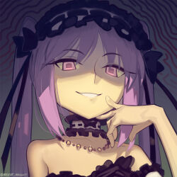 Rule 34 | 1girl, bare shoulders, boa (brianoa), breasts, choker, dress, fate/hollow ataraxia, fate (series), frilled choker, frilled hairband, frills, glowing, glowing eyes, grin, hairband, highres, jewelry, long hair, looking at viewer, necklace, parted bangs, purple eyes, purple hair, shaded face, sidelocks, small breasts, smile, solo, square pupils, stheno (fate), twintails, white dress