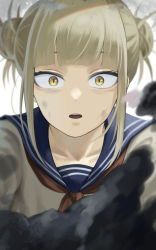 Rule 34 | 1girl, absurdres, blonde hair, boku no hero academia, collarbone, dirt, dirty, dirty face, double bun, fengling (furin-jp), hair bun, highres, looking at viewer, messy, open mouth, sailor, sailor collar, slit pupils, solo, surprised, toga himiko, white background, yellow eyes