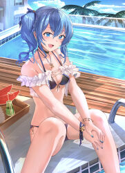 Rule 34 | 1girl, :d, absurdres, bikini, black bikini, black choker, blue eyes, blue hair, blue nails, blue sky, bottle, bracelet, breasts, choker, cloud, day, drinking straw, food, frills, fruit, highres, hololive, hoshimachi suisei, jewelry, mosta (lo1777789), open mouth, outdoors, pendant, pool, poolside, side ponytail, sitting, sky, small breasts, smile, solo, star (symbol), star in eye, swimsuit, symbol in eye, virtual youtuber, watermelon, watermelon slice