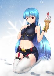 Rule 34 | 1girl, absurdres, arched back, belt, blue background, blue hair, blue shorts, breasts, crop top, food, footprints, fruit, garter straps, gloves, high collar, highres, holding, holding food, holding spoon, ice cream, ice cream cone, kula diamond, leotard, light smile, long hair, looking at viewer, medium breasts, midriff, navel, nearoul kishi, no shoes, red eyes, seiza, shorts, single glove, sitting, snow, snowflake background, solo, spoon, strawberry, the king of fighters, thighhighs, utensil in mouth, very long hair, white thighhighs, yellow gloves