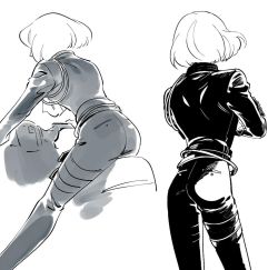 Rule 34 | ass, bad id, bad twitter id, bae (baebae), biker clothes, black gloves, crossed arms, from behind, gloves, jacket, lio fotia, male focus, motor vehicle, motorcycle, promare, short hair, solo