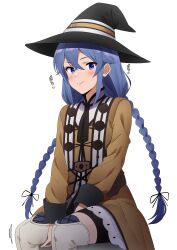 Rule 34 | 1girl, absurdres, black hat, blue eyes, blue hair, boots, braid, brown robe, closed mouth, hat, highres, long hair, looking at viewer, mushoku tensei, plain 222, robe, roxy migurdia, simple background, sitting, smile, solo, thigh boots, thighhighs, twin braids, white background, white thighhighs, witch hat