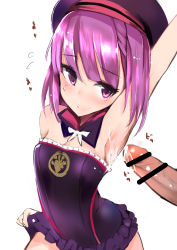 Rule 34 | 1girl, arm up, armpit sex, armpits, bar censor, bare shoulders, blush, bukkake, censored, cum, cum on armpit, detached sleeves, ejaculation, fate/grand order, fate (series), flat chest, hat, helena blavatsky (fate), highres, looking at viewer, mosaic censoring, muoto, penis, purple eyes, purple hair, short hair, smile, solo, strapless
