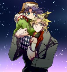 Rule 34 | 2boys, :3, aged down, aged up, alternate costume, argyle, argyle clothes, argyle legwear, blonde hair, blue eyes, blue hair, bomber hat, caesar anthonio zeppeli, child, coat, contemporary, facial mark, grabbing another&#039;s hair, green eyes, hat, intothewater, jojo no kimyou na bouken, joseph joestar, joseph joestar (young), male focus, mittens, multiple boys, shorts, snowing, time paradox