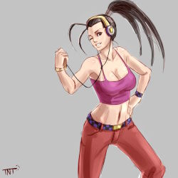 Rule 34 | 1girl, ;), antenna hair, belt, black hair, breasts, cable, camisole, capcom, casual, cleavage, commentary, crop top, digital media player, eltonel, english commentary, hand on own hip, headphones, high ponytail, highres, ibuki (street fighter), listening to music, looking at viewer, medium breasts, midriff, navel, no bra, one eye closed, pants, signature, sketch, smile, solo, spaghetti strap, street fighter, street fighter iii (series), watch, wristwatch