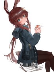Rule 34 | 1girl, amiya (arknights), animal ears, arknights, bad id, bad pixiv id, blue jacket, blush, brown hair, brown pantyhose, closed mouth, dokomon, feet out of frame, food, green eyes, hair between eyes, highres, holding, holding food, hood, hood down, hooded jacket, jacket, long hair, long sleeves, looking at viewer, looking to the side, open clothes, open jacket, pantyhose, rabbit ears, rabbit girl, rabbit tail, sitting, smile, solo, tail, twintails, very long hair, white background