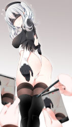 Rule 34 | 1girl, 2b (nier:automata), 2b (nier:automata) (cosplay), ?, ass, beret, black gloves, black hat, black thighhighs, blindfold, blush, breasts, cellphone, closed mouth, commentary request, cosplay, covered erect nipples, from behind, from below, gloves, grey background, hat, highres, kantai collection, kashima (kancolle), legs together, leotard, medium breasts, nier:automata, nier (series), oouso, phone, silver hair, skindentation, smartphone, solo focus, standing, thighhighs, twitter username, white gloves, white leotard
