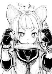 Rule 34 | 10s, 1girl, animal ears, blunt bangs, cat ears, fingerless gloves, fish, gloves, greyscale, hair ribbon, hands up, kantai collection, kemonomimi mode, long hair, looking at viewer, mizusaki (tengoku), monochrome, murakumo (kancolle), ribbon, simple background, sketch, solo, upper body, white background