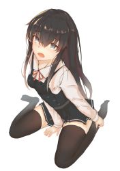 Rule 34 | 10s, 1girl, absurdres, asashio (kancolle), between legs, black hair, black thighhighs, blouse, blue eyes, dress, foodtoyc, from above, full body, hair between eyes, hand between legs, hand on ankle, hand on leg, highres, kantai collection, long hair, looking at viewer, miniskirt, neck ribbon, open mouth, pinafore dress, pleated dress, pleated skirt, red ribbon, ribbon, school uniform, shirt, sitting, skirt, sleeveless, sleeveless dress, solo, thighhighs, white background, white shirt