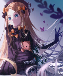 Rule 34 | 1girl, abigail williams (fate), blonde hair, blue eyes, bow, bug, butterfly, fate/grand order, fate (series), hair bow, highres, hugging doll, hugging object, ina (rimuna 1228), insect, multiple hair bows, sleeves past fingers, sleeves past wrists, solo, stuffed animal, stuffed toy, teddy bear, white hair
