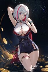Rule 34 | 1girl, arm up, armpits, bare shoulders, black gloves, blue eyes, breasts, center opening, cleavage, colored inner hair, detached sleeves, eyeliner, gloves, grey hair, hair between eyes, hair ornament, helloimtea, highres, honkai: star rail, honkai (series), large breasts, looking at viewer, makeup, mole, mole on thigh, multicolored hair, nail polish, partially submerged, red eyeliner, red hair, short hair, solo, streaked hair, thigh strap, thighs, topaz (honkai: star rail)