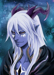 Rule 34 | 1boy, aaravos (the dragon prince), artist name, black horns, black sclera, colored sclera, colored skin, daisy-flauriossa, diamond facial mark, gold trim, grey skin, hair between eyes, horns, long hair, male focus, pointy ears, portrait, solo, the dragon prince, watermark, white hair, yellow eyes