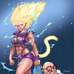 Rule 34 | 10s, 1boy, 1girl, abs, aura, bald, beard, blonde hair, breasts, broken eyewear, character request, cleavage, clenched hands, crooked eyewear, darren geers, dragon ball, dragon ball super, earrings, electricity, facial hair, fang, floating hair, glasses, highres, jewelry, lips, long hair, looking at viewer, medium breasts, monkey tail, muscular, muscular female, muten roushi, old, old man, red-framed eyewear, solo focus, spiked hair, super saiyan, tail, torn clothes, torn unitard, unconscious, unitard, wristband