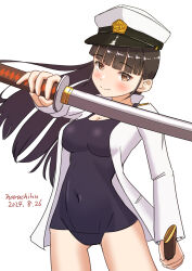 1girl black_hair blue_one-piece_swimsuit blush breasts brown_eyes cameltoe cleavage closed_mouth covered_navel dated hat highres holding holding_sword holding_weapon katana large_breasts long_hair looking_at_viewer military_hat military_uniform naruchisukisuki one-piece_swimsuit sakamoto_mio signature simple_background smile solo strike_witches swimsuit sword weapon white_background world_witches_series