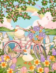 Rule 34 | absurdres, artist name, basket, bicycle basket, bird, blue bow, blue flower, blue sky, blush, blush stickers, bow, bush, cloud, commentary, day, duck, english commentary, fence, flower, flower request, grass, highres, hill, lake, no humans, original, outdoors, picket fence, pink bow, pink flower, purple flower, rainbow, scenery, sky, sparkle, tulip, vanillacherie, water, white flower, wooden fence, yellow flower