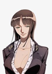 Rule 34 | 1girl, black dress, black hair, blue eyes, blunt bangs, breasts, cleavage, commentary, crying, dress, highres, large breasts, leather dress, looking to the side, medium hair, nico robin, oh imo, one piece, simple background, solo, upper body, white background