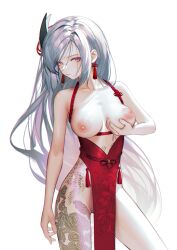 Rule 34 | 1girl, alternate costume, bare hips, bare shoulders, blush, breast lift, breasts, breasts apart, breasts out, collarbone, contrapposto, cowboy shot, dress, earrings, floral print, genshin impact, grabbing, grabbing own breast, grey hair, halter dress, halterneck, highres, iumu, jewelry, long hair, looking at viewer, medium breasts, nipples, no panties, purple eyes, red dress, shenhe (genshin impact), simple background, solo, standing, swept bangs, tassel, tassel earrings, tattoo, thighs, very long hair, white background, white hair