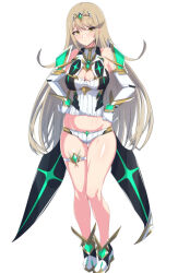 Rule 34 | 1girl, absurdres, armor, blonde hair, blush, breasts, chest jewel, cleavage, cleavage cutout, closed mouth, clothing cutout, commentary request, crop top, dress, elbow gloves, full body, gloves, hands on own hips, highres, large breasts, latte, long hair, looking at viewer, midriff, mythra (xenoblade), shiny skin, shoulder armor, solo, swept bangs, thigh strap, tiara, very long hair, white background, white dress, white footwear, white gloves, xenoblade chronicles (series), xenoblade chronicles 2, yellow eyes