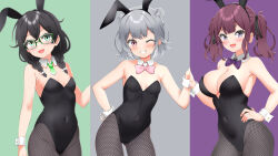 animal_ears black_hair black_leotard black_pantyhose bow bowtie braid breasts brown_hair cevio detached_collar double_bun drill_hair fake_animal_ears glasses green_background green_eyes green_necktie grey_background grey_hair grin guriver3 hair_bun hanakuma_chifuyu highres koharu_rikka large_breasts leotard low_twintails medium_breasts natsuki_karin necktie pantyhose pink_background pink_bow pink_bowtie playboy_bunny purple_bow purple_bowtie purple_eyes rabbit_ears small_breasts smile split_theme strapless strapless_leotard synthesizer_v twin_braids twin_drills twintails voiceroid wrist_cuffs