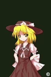 Rule 34 | 1girl, alphes (style), arms behind back, ascot, black dress, blonde hair, bow, dress, female focus, hat, kaoru (gensou yuugen-an), looking at viewer, parody, short hair, simple background, smile, solo, style parody, touhou, witch, yellow eyes, yuki (touhou)