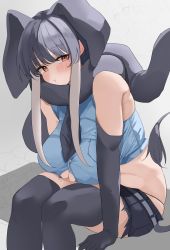 Rule 34 | 1girl, :t, african elephant (kemono friends), animal ears, bare shoulders, belly, belt, blush, breast pocket, breasts, brown eyes, buchibussei, button gap, buttons, closed mouth, cropped shirt, cutoffs, elbow gloves, elephant ears, elephant girl, elephant tail, extra ears, gloves, grey hair, highres, kemono friends, large breasts, leaning forward, looking at viewer, midriff, multicolored hair, necktie, plump, pocket, pout, scarf, shirt, short shorts, shorts, sidelocks, sitting, skindentation, solo, stomach, tail, thighhighs, two-tone hair, white hair