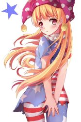 Rule 34 | 1girl, american flag dress, american flag legwear, blonde hair, blush, clownpiece, dress, female focus, hat, highres, jester cap, long hair, looking at viewer, looking back, pantyhose, polka dot, qunqing, red eyes, shiny clothes, short dress, simple background, solo, star (symbol), striped clothes, striped pantyhose, torn clothes, torn dress, touhou, white background