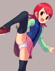 Rule 34 | 1girl, :d, arm support, black thighhighs, blue vest, brown eyes, chiwino, commentary request, crotch seam, foot out of frame, green shirt, grey background, highres, leg lift, leg up, legs, long hair, long sleeves, looking to the side, mayl sakurai (mega man), mega man (series), mega man battle network, mega man battle network (series), open mouth, panties, pantyshot, pink skirt, red footwear, red hair, shadow, shiny skin, shirt, sidelocks, skirt, sleeves past wrists, smile, solo, standing, standing on one leg, swept bangs, thighhighs, thighs, turtleneck, underwear, vest, white panties