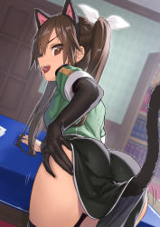 Rule 34 | 1girl, animal ears, ass, black gloves, brown eyes, brown hair, cat ears, cat tail, clothes lift, dress, dress lift, elbow gloves, fake animal ears, gloves, highres, kantai collection, kawakami rokkaku, pussy, pussy peek, tail, tone (kancolle), twintails