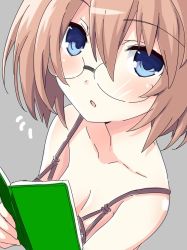 Rule 34 | bare shoulders, blanc, blanc (neptunia), blue eyes, book, breasts, brown hair, cleavage, dress, glasses, grey background, highres, iwashi dorobou -r-, nepnep connect: chaos chanpuru, neptune (series), open mouth, short hair, small breasts, startarled, surprised, vvvtune
