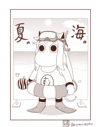 Rule 34 | (o) (o), 10s, 1girl, abyssal ship, artist name, backdrop, beach, cloud, commentary, crab, diving mask, flippers, food, fruit, goggles, horns, innertube, kantai collection, mittens, monochrome, moomin, muppo, northern ocean princess, ocean, revision, sazanami konami, signature, snorkel, solo, sun, swim ring, tail, translated, twitter username, watermelon
