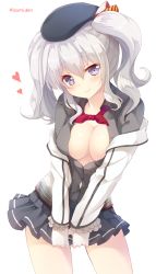 Rule 34 | 10s, 1girl, beret, breasts, cleavage, hat, heart, highres, izumi akane, jacket, jacket off shoulders, kantai collection, kashima (kancolle), large breasts, miniskirt, off shoulder, open clothes, open shirt, pleated skirt, shirt, grey eyes, silver hair, skirt, smile, solo, twitter username