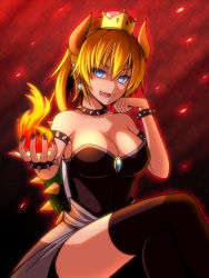 Rule 34 | 1girl, :d, armlet, black thighhighs, blonde hair, blue eyes, bowsette, breasts, cleavage, collar, collarbone, crossed legs, earrings, fangs, fire, hair between eyes, head rest, high ponytail, hizuki rei, horns, jewelry, large breasts, long hair, looking at viewer, mario (series), new super mario bros. u deluxe, nintendo, open mouth, pointy ears, sitting, smile, solo, strapless, super crown, thighhighs