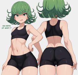 Rule 34 | 1girl, absurdres, ass, bare shoulders, bike shorts, black bra, black shorts, black sports bra, bra, breasts, cameltoe, commentary, cowboy shot, curly hair, curvy, english commentary, english text, from behind, green eyes, green hair, hand on own hip, highres, looking at viewer, mikoscrub, multiple views, navel, one-punch man, open mouth, pants, petite, shiny skin, short hair, short shorts, shorts, simple background, small breasts, sports bra, sweat, tatsumaki, thighs, toned, underwear, white background, wide hips, yoga pants