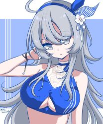 Rule 34 | 1girl, ahoge, bare shoulders, bikini, blue bikini, blue hairband, cleavage cutout, clothing cutout, flower, grey eyes, hair flower, hair ornament, hairband, highres, kantai collection, long hair, looking at viewer, looking to the side, midriff, one-hour drawing challenge, pirikara spicy tapioca, solo, swimsuit, twitter username, upper body, washington (kancolle)