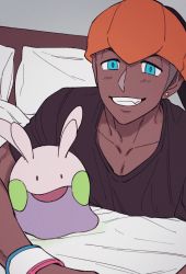 Rule 34 | 1boy, absurdres, alternate costume, bed, blush, brown shirt, chatea, collarbone, commentary request, creatures (company), dark-skinned male, dark skin, dynamax band, earrings, game freak, gen 6 pokemon, goomy, grin, highres, indoors, jewelry, korean commentary, looking at viewer, lying, male focus, nintendo, on bed, on stomach, orange headwear, pillow, pokemon, pokemon (creature), pokemon swsh, raihan (pokemon), shirt, short sleeves, smile, t-shirt, teeth